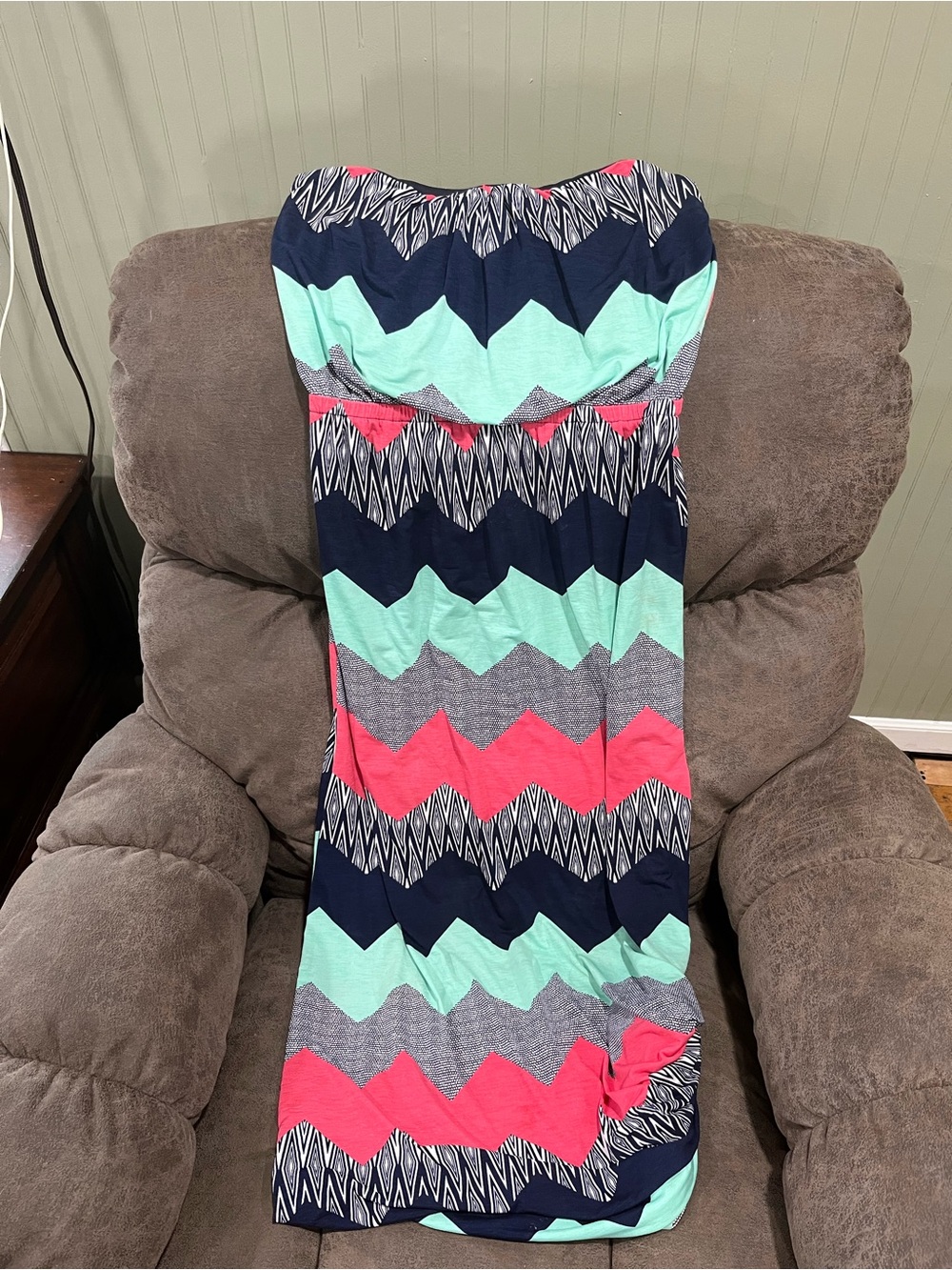 Strapless Chevron Maxi Dress in Navy, Mint & Coral